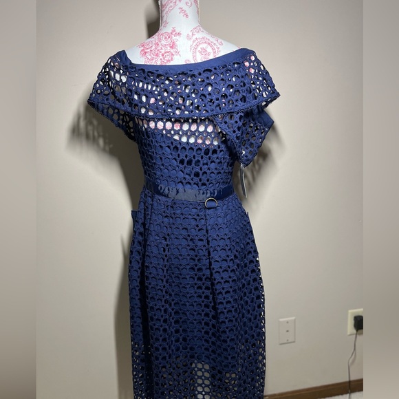 NWT LUXE Self Portrait Replica Navy One Shoulder Guipure Lace Midi Dress sz 8 - Picture 4 of 14